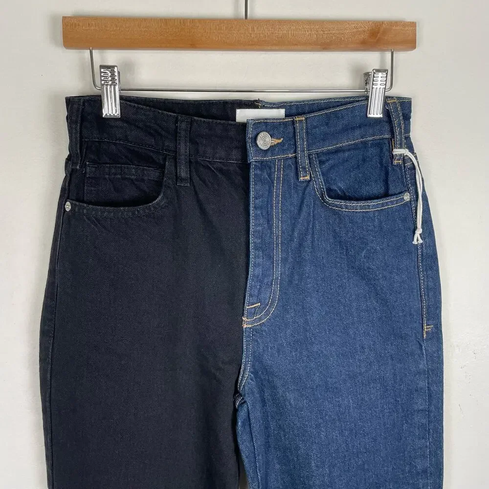 Frame NWT Le Jane High Rise Straight Leg Two Tone Colorblock Jeans Dell Noir 25